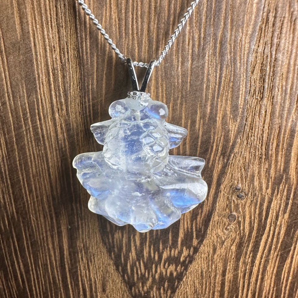 Blue Flash Moonstone Goldfish Pendant Necklace on Sterling Silver Box Chain - Picture 5 of 15
